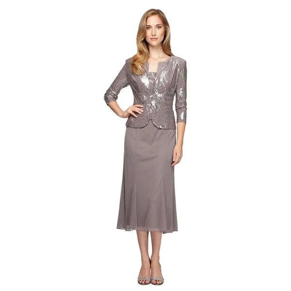 Alex Evenings Sequin 2PC Jacket Cocktail Dress Pewter Frost 14W New w/Tags